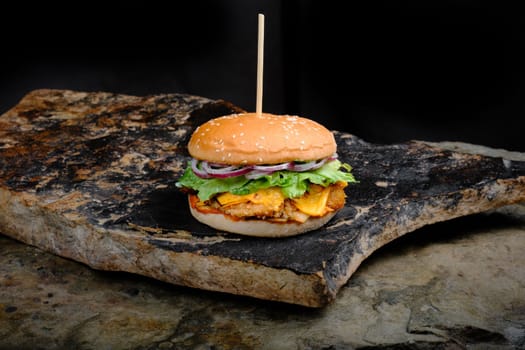 Rustic tasty Burger on Stone Background dark