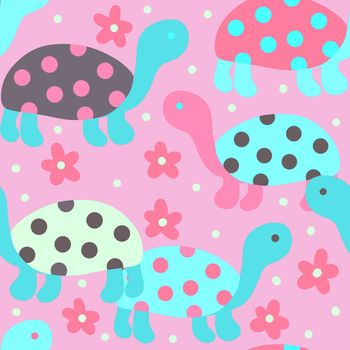 Hand drawn seamless pattern with cute sea turtle tortoise, pink blue flowers, print for kids children nursery decor, funny animal with polka dot shells, simple minimalist style