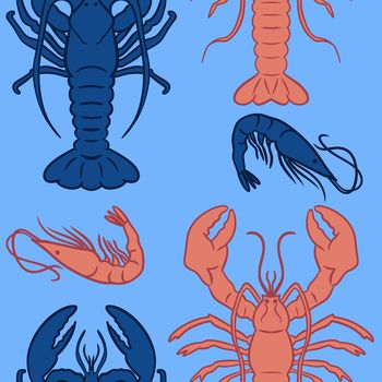 Hand drawn seamless pattern with orange blue lobsters on turquoise background. Marine underwater sea food, ocean restaurant cafe menu, aquatic animal creature, nautical print design