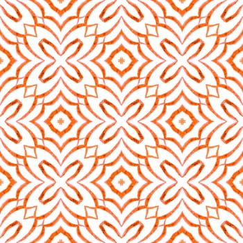 Textile ready surprising print, swimwear fabric, wallpaper, wrapping. Orange breathtaking boho chic summer design. Watercolor ikat repeating tile border. Ikat repeating swimwear design.