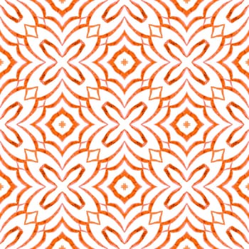 Textile ready surprising print, swimwear fabric, wallpaper, wrapping. Orange breathtaking boho chic summer design. Watercolor ikat repeating tile border. Ikat repeating swimwear design.