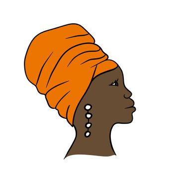 Hand drawn illustration of black african american woman with orange ethnic traditional head wrap wrapping headwear scarf. Black lives matter fashion design, modern elegant print for beauty products, minimalist style