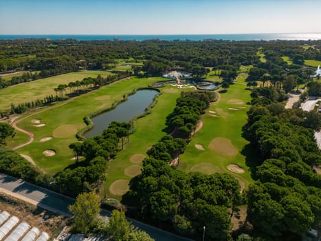 Aerial view of the golf course in Antalya Belek at sunset