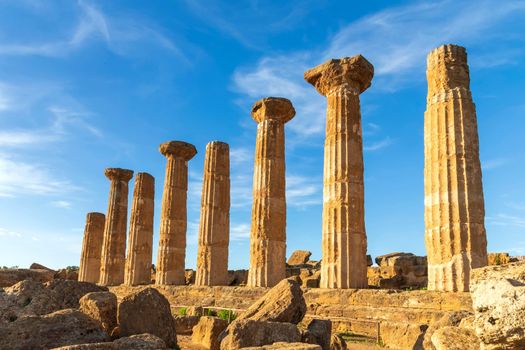 Columns of the Temple of Hercules (Tempio di Ercole) in the Valley of the Temples (Valle dei Templi) near Agrigento, Sicily, Italy