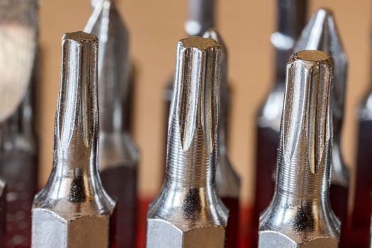 Set of bits for a screwdriver. Metal bits close up.