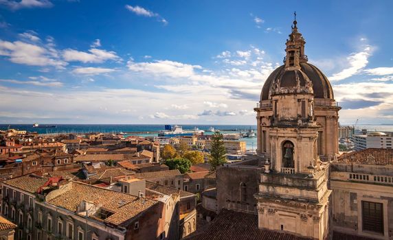 Top view of St. Agata church and port of Catania from the Badia church