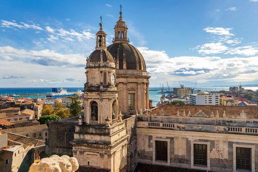 Top view of St. Agata church and port of Catania from the Badia church