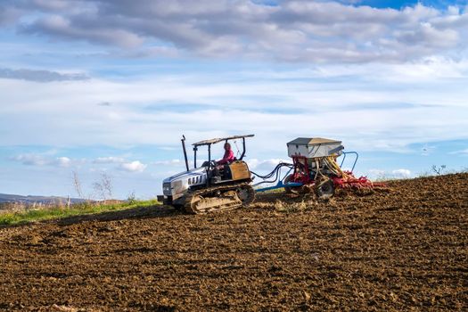 An old small tractor cultivated ground and sows. Agriculture and agronomy concept.