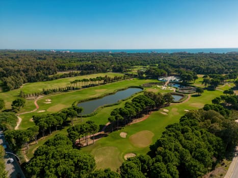 Aerial view of the golf course in Antalya Belek at sunset