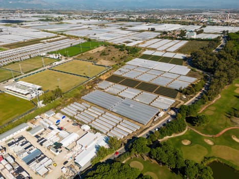 Aerial views of rows of greenhouses taken by drone. Greenhouse roofs background texture.