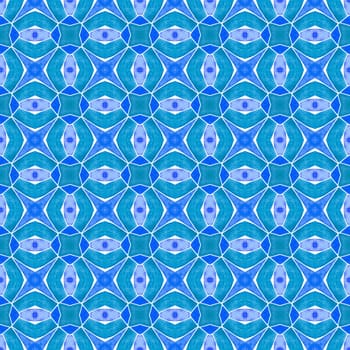 Textile ready bewitching print, swimwear fabric, wallpaper, wrapping. Blue awesome boho chic summer design. Ikat repeating swimwear design. Watercolor ikat repeating tile border.