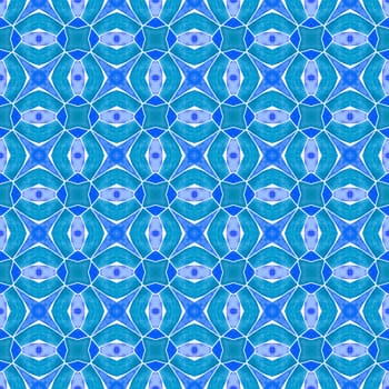 Textile ready bewitching print, swimwear fabric, wallpaper, wrapping. Blue awesome boho chic summer design. Ikat repeating swimwear design. Watercolor ikat repeating tile border.