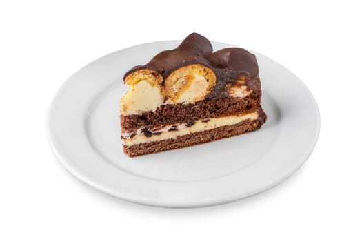 Cake with profiteroles on a white porcelain plate on an isolated white background