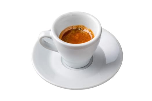 Fresh espresso in a white porcelain cup on an isolated white background