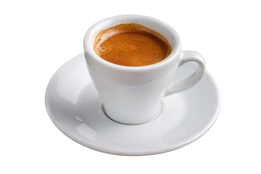 Fresh espresso in a white porcelain coffee cup on an isolated white background