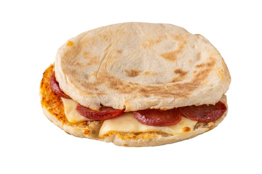 Flatbread toast with salami, turkish sausage and cheddar on white background