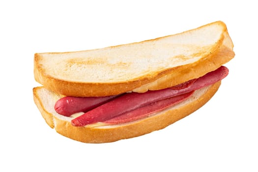 Ham, sausage and cheese sandwich on white background