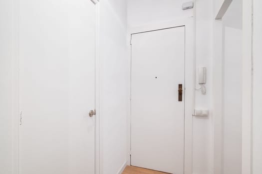 White front door to apartment with intercom on wall. There is peephole in door for observing what is happening outside. Door lock protects the apartment from the entry of unauthorized persons.