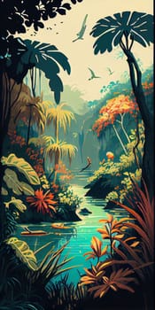 Tropical summer paradise scene landscape with river, ocean, sea, leaves and plants. flowers and birds. Generative AI. 