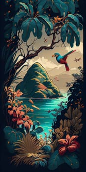 Tropical summer paradise scene landscape with river, ocean, sea, leaves and plants. flowers and birds. Generative AI. 