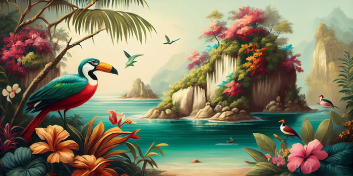 Tropical summer paradise scene landscape with river, ocean, sea, leaves and plants. flowers and birds. Generative AI. 