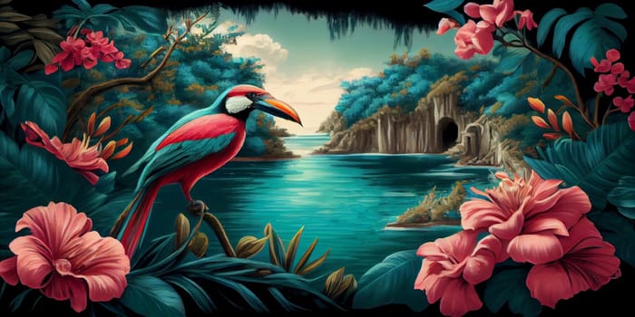Tropical summer paradise scene landscape with river, ocean, sea, leaves and plants. flowers and birds. Generative AI. 