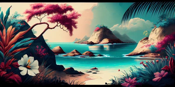 Tropical summer paradise scene landscape with river, ocean, sea, leaves and plants. flowers and birds. Generative AI. 