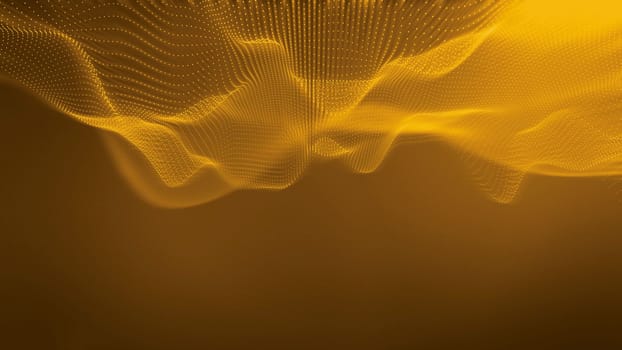 Golden Big data surfing the metaverse. Particles with gold led light on abstract background. Artificial intelligence concept.
