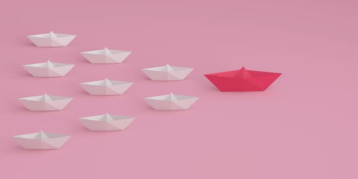 Top view of Paper boat leads pink followed by other white boat on a pink background. Social media or internet followers concept. 3D rendering.