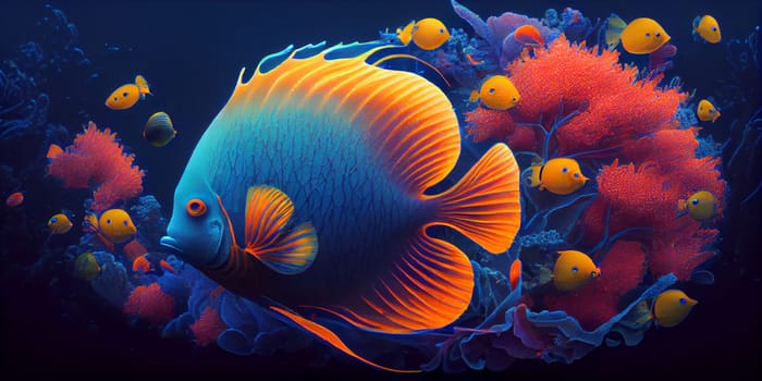 Underwater Scene With Coral Reef And Exotic Fishes. Generative AI.