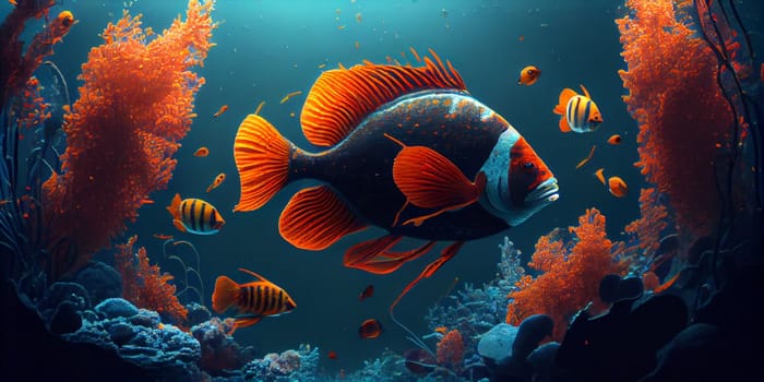 Underwater Scene With Coral Reef And Exotic Fishes. Generative AI.