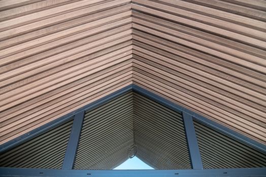 PVC ceiling panel covered with Wood-like vinyl applied to Tiny House entrance