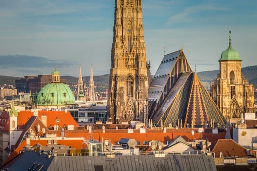 Panoramic view of Vienna old town cityscape with Cathedral from above, Austria