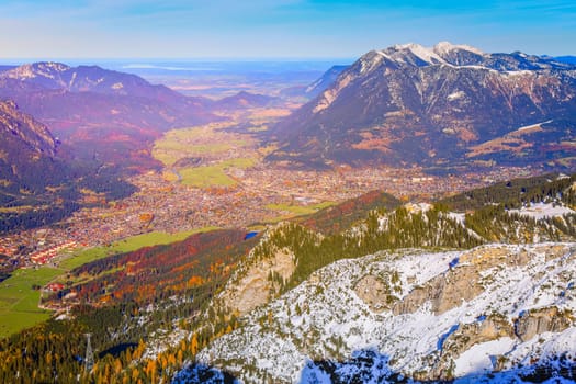 Bavarian alps and Garmisch Partenkirchen from above, Zugspitze massif, Bavaria, Germany