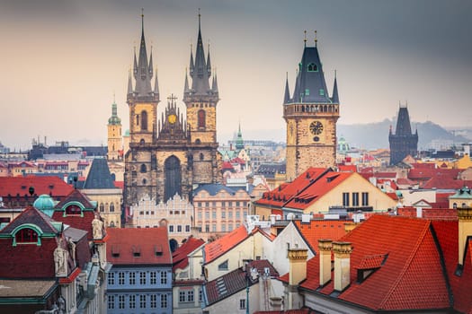 Panoramic view over the cityscape of Prague roofs at dramatic sunset, Czech Republic