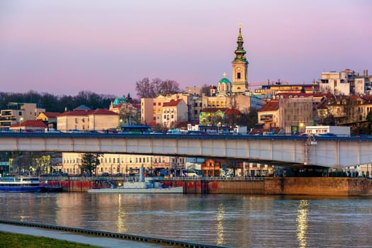Beautiful view of the historic center on the banks of the Sava River and Cathedral Church of St. Michael the Archangel commonly known as just Soborna crkva, Belgrade, Serbia