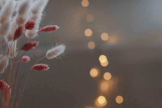 Dry flowers plant floral branch on soft pastel background. Blurred selective focus. Pattern with neutral natural colors