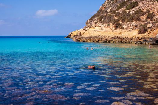 View of Cala Pulcino famous sea place of Lampedusa, Sicily