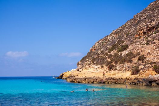 View of Cala Pulcino famous sea place of Lampedusa, Sicily