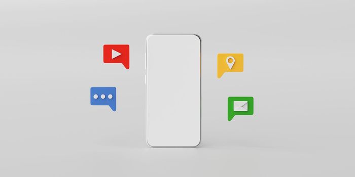 Minimal smartphone mockup with social media application icon in bubble speech, 3d rendering