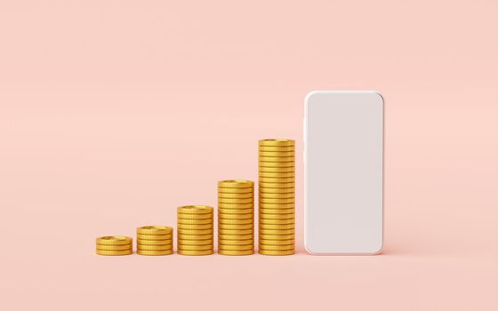 Smartphone mockup with stack of golden coin, 3d rendering