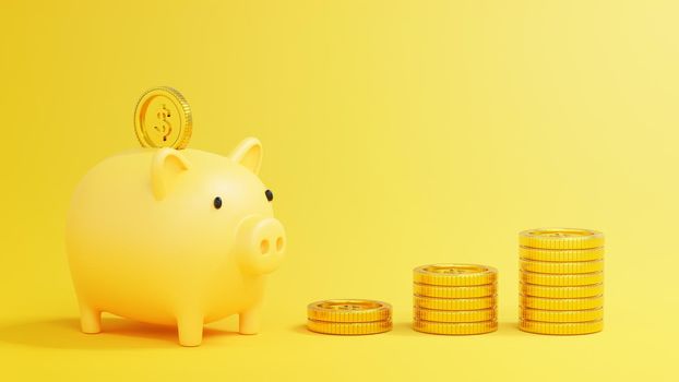 Money Savings Concept, Putting a coin into Piggy bank with stack of golden coins ,3d rendering