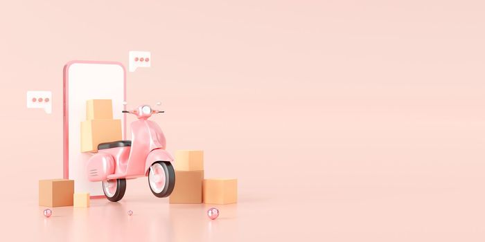 E-commerce concept, Delivery service on mobile application, Transportation or food delivery by scooter, 3d illustration