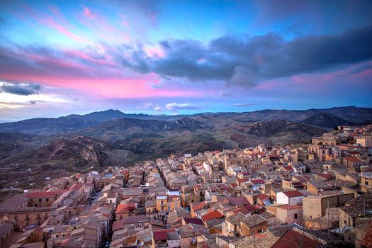 View of Leonforte, little town in the middle of Sicily at sunset