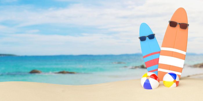 Surfboard wearing sunglasses with ball on the beach, 3d illustration