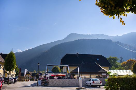 October 8, 2018.Salzkammergut, Austria. A street with houses in the city center in the Salzkammergut Alps.