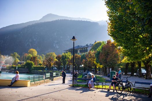 October 8, 2018.Salzkammergut, Austria. Downtown promenade in the Salzkammergut Alps.