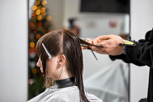 Professional male hairdresser with scissors cutting female hair in salon