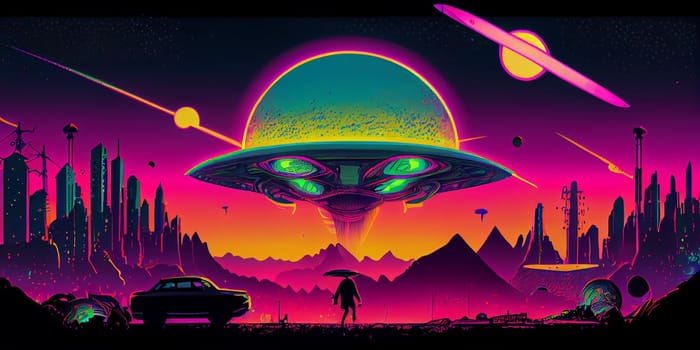 Psychedelic trippy alien cartoon 70s, rave style, acid color. Retrowave concept. AI Generative.