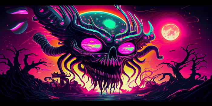 Psychedelic trippy alien cartoon 70s, rave style, acid color. Retrowave concept. AI Generative.